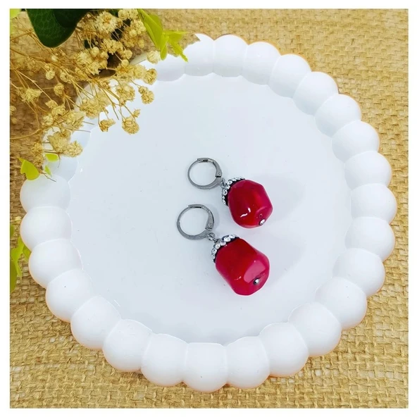 Mercan Doğal Taş & Zirkon Taşlı Kadın Küpe - 3