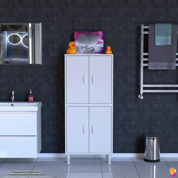 Modilayn OHBE 65x138x32,5 cm Ekstra Düzen İçin Kullanışlı 4 Kapak 4 Bölmeli Banyo Mutfak Dolabı - 3