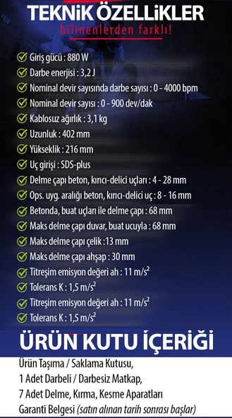 Prohummer PH004 3'lü Profesyonel Set - 880W Kırıcı Delici SDS Plus (Mavi) - 2