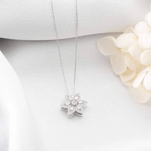 Vaoov 925 Ayar Gümüş Baget Taşlı Dönen Lotus Çiçeği Kolye - Resim 3