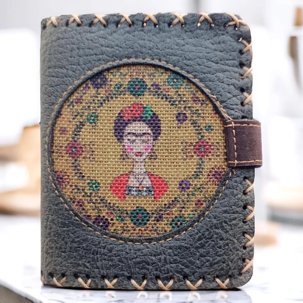 El Yapımı Kadın Cüzdan Vegan Deri Frida Kahlo Görselli Haki Renk