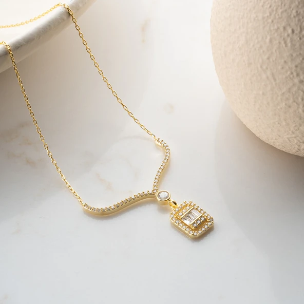 Vaoov 925 Ayar Gümüş Baget Taşlı Sallantılı Kolye - Resim 4