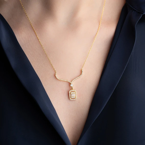 Vaoov 925 Ayar Gümüş Baget Taşlı Sallantılı Kolye - Resim 5