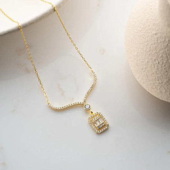 Vaoov 925 Ayar Gümüş Baget Taşlı Sallantılı Kolye - Resim 2