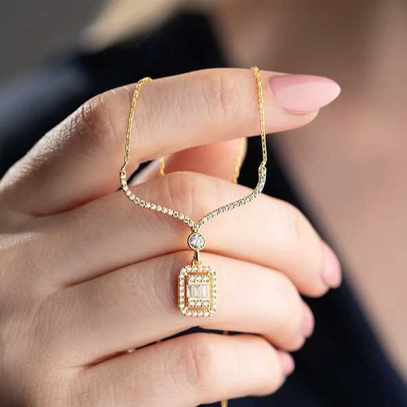 Vaoov 925 Ayar Gümüş Baget Taşlı Sallantılı Kolye - Resim 3