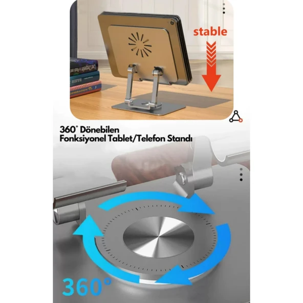 Ozmik Tablet&Telefon Standı 360 Dönebilen Yükseklik Ayarlı Metal Tablet Tutucu Yükseltici Stand - 6