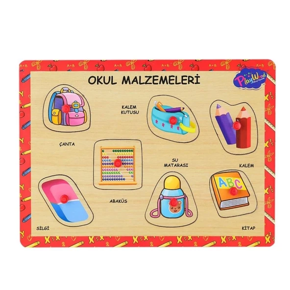 Ahşap Tutmalı Okul Malzemeleri Eğitici Puzzle Oyunu