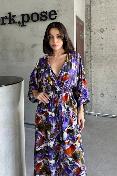 Dokuma baskılı yarasa kol elbise s8124 - Resim 2