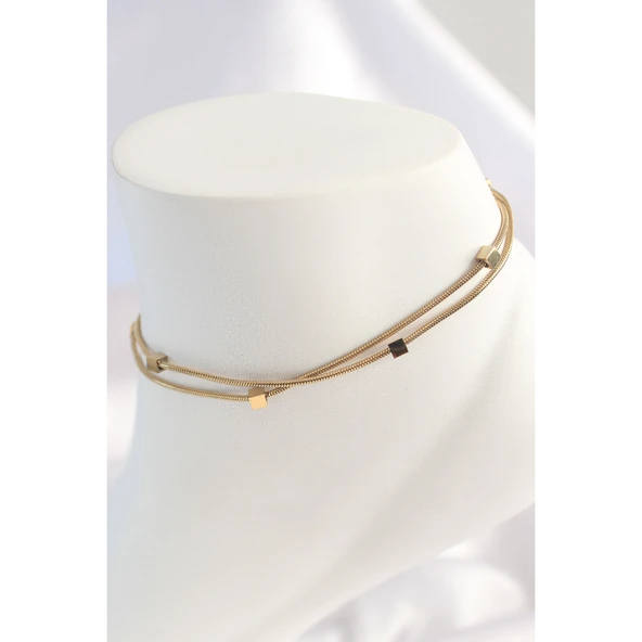 316L Çelik Gold Renk 2'li Minimal Kare Model Kadın Halhal - TJ-HH1548
