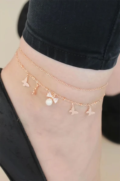 Zirkon Taşlı Rose Renk Çift Zincirli İncili Kelebek Hal Hal