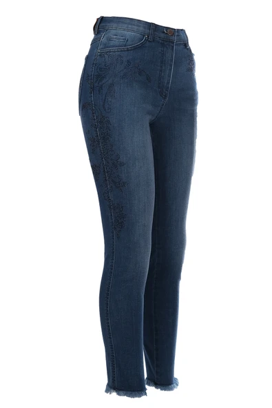 Seleste Minimalist Nakışlı Yüksek Bel Dar Paça Kadın Jean Pantolon - Resim 5