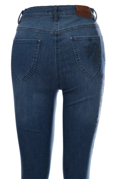 Seleste Minimalist Nakışlı Yüksek Bel Dar Paça Kadın Jean Pantolon - Resim 7