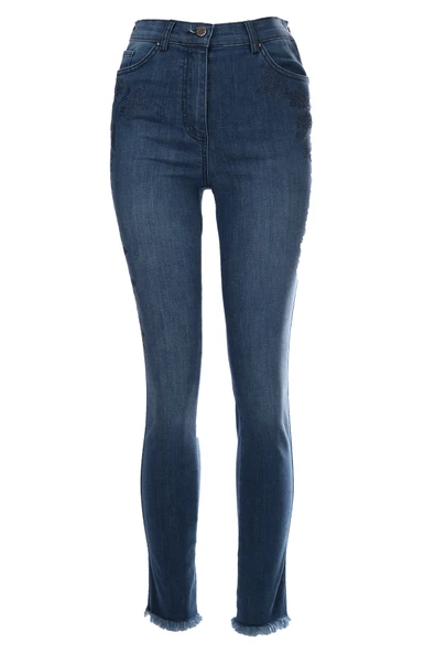 Seleste Minimalist Nakışlı Yüksek Bel Dar Paça Kadın Jean Pantolon - Resim 2