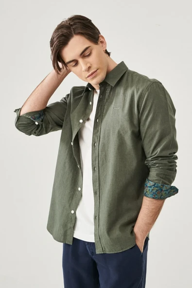 Wrangler Erkek Minimalist Uzun Kol Gömlek - Keten Görünümlü - 3