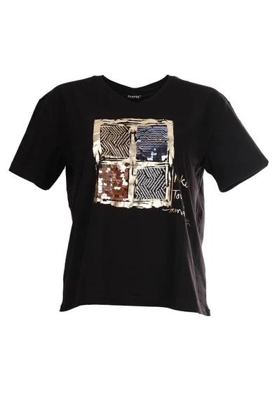 Sempre Oversize Minimalist Pullu Kadın Tişört - Kısa Kol - Resim 2