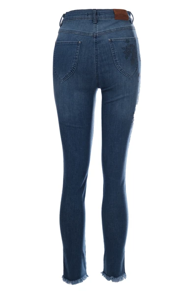 Seleste Minimalist Nakışlı Yüksek Bel Dar Paça Kadın Jean Pantolon - Resim 8