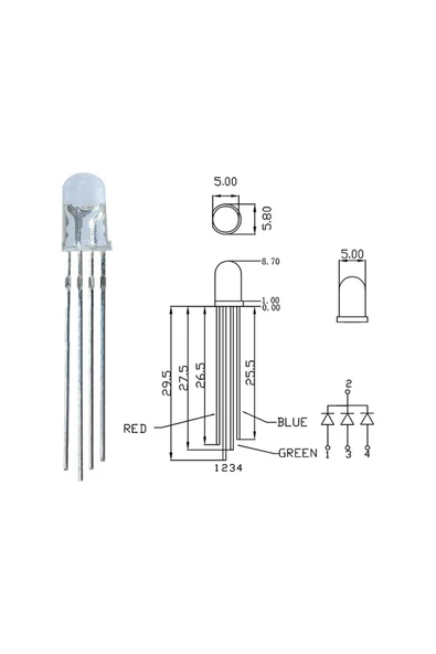 gözeler 5mm Rgb Led Ortak Anot 4 Pin Multicolor Diyot Işık Lamba Light - Resim 6