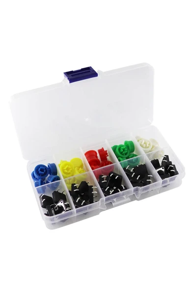ROBİZ Kutulu 12x12mm 25 Adet Başlıklı Tact Buton Set 4 Pin 5 Renk Dokunmatik Anlık Basmalı Düğme - Resim 5