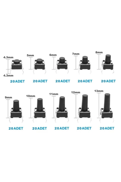 ROBİZ 200 Adet 6x6mm Tact Buton Set 10 Farklı Yükseklikte 4 Pin Dokunmatik Anlık Basmalı Düğme Anahtar - Resim 7