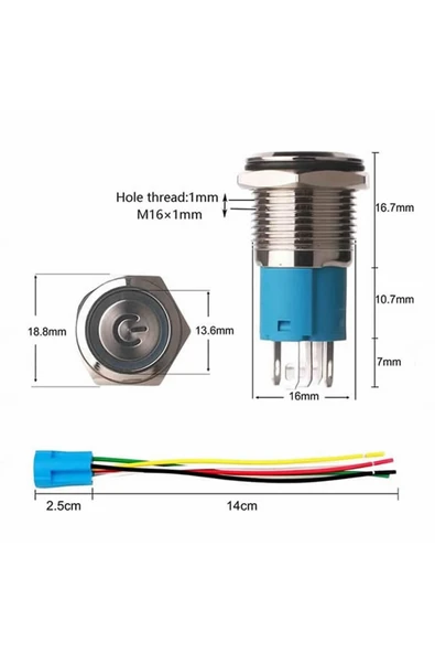 ROBİZ 16mm Kırmızı Power Sembol Ledli Kablolu Push Tip Metal Button  Panel Montaj Düz Kafa NO NC DC - Resim 2