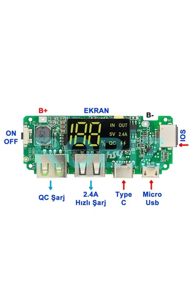 ARS Robotechnicals Powerbank Devresi Ekranlı 5V 2.4A Dual Usb Çıkış Type C Micro Usb Giriş Lityum Lion 18650 Pil Şarj - Resim 2