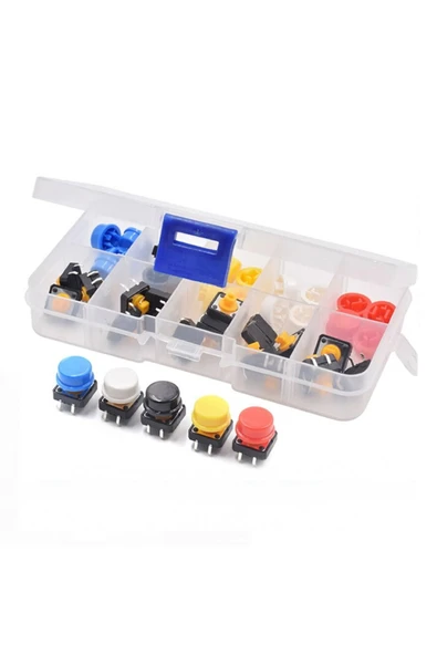 ROBİZ Kutulu 12x12mm 25 Adet Başlıklı Tact Buton Set 4 Pin 5 Renk Dokunmatik Anlık Basmalı Düğme ürün görseli