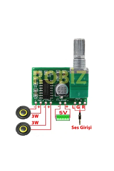 ROBİZ Ses Kontrol Potlu Pam8403 5v Mini Ses Yükseltici Class D 2x3w Amfi Kartı Stereo Dijital