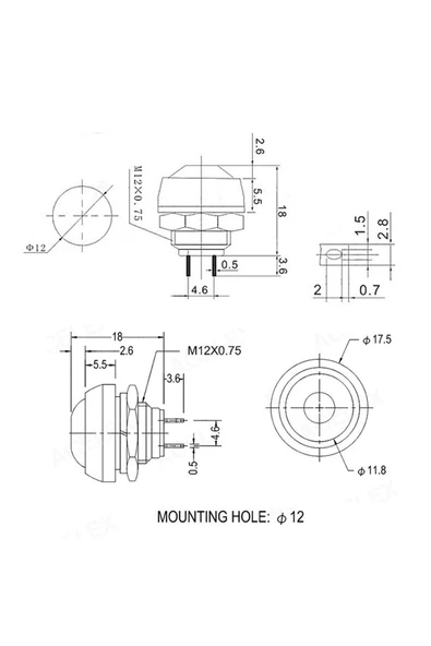 ROBİZ 12mm Pbs-33b 2 Pin Push Buton Siyah On Off 1a 250v Mini Yuvarlak Su Geçirmez Anahtar Momentary - 8