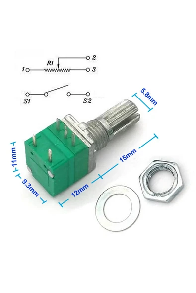 ROBİZ 5 Pin 10kohm Potansiyometre B10K Anahtarlı Pot Tırtıklı 15mm Döner Ayarlanabilir Direnç Ses