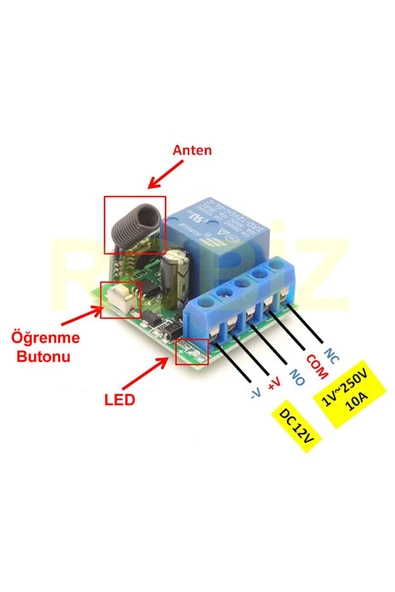 ROBİZ 433mhz Rf 1 Uyumlu Kanal Modül Dc 12v Kablosuz Pompa Fan Lamba Perde Akıllı Ev Garaj Bariyer Kapı - Resim 4