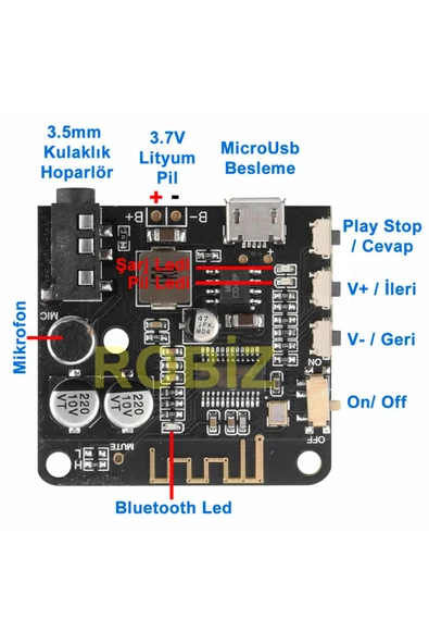 ROBİZ Bluetooth 5 Pro Kablosuz Ses Çalma Modülü Mikrofon Giriş Stereo Müzik Mp3 3.7V Lityum Pil Batarya - 3