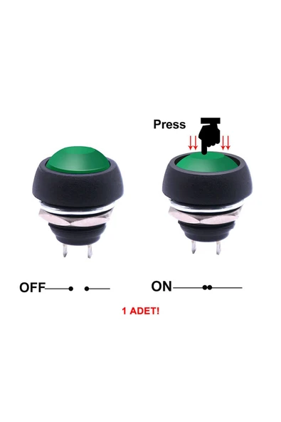 ROBİZ 12mm PBS-33B 2 Pin Push Buton Yeşil ON OFF 1A 250V Mini Yuvarlak Su Geçirmez Anahtar Momentary - Resim 3