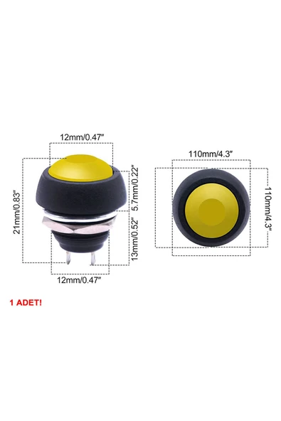 ROBİZ 12mm PBS-33B 2 Pin Push Buton Sarı ON OFF 1A 250V Mini Yuvarlak Su Geçirmez Anahtar Momentary - 7