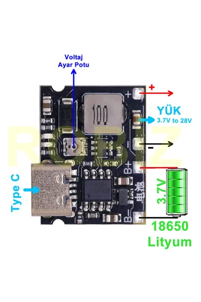 ROBİZ TP4056 18650 Lityum Pil Şarj Modül Type C Ayarlı Voltaj Yükseltici Lion Batarya Akü DC 3.7V to 28V - Resim 5
