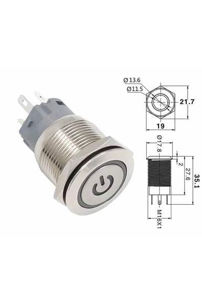 ROBİZ 16mm Metal Panel  Uyumlu  Montaj Düz Kafa Latch Buton NO NC Power Sembol Led Işıklı - Resim 7