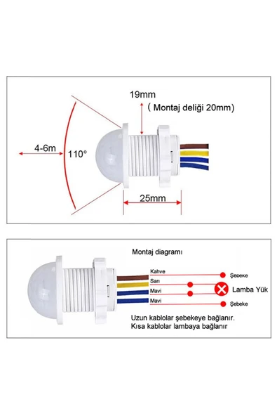 Alkatronik 220v Pır Hareket Sensörü 25cm Kablolu Led Lamba Tavan Işık Merdiven Otomatik Armatür Projektör - Resim 5
