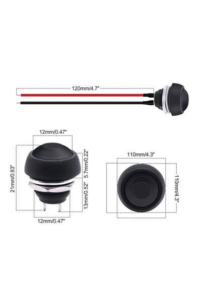 ROBİZ 12mm Pbs-33b 2 Pin Push Buton Siyah 20cm Kablolu On Off 1a 250v Mini Yuvarlak Su Geçirmez Anahtar - 4