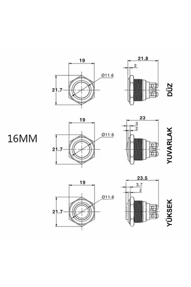ROBİZ 16mm Metal Panel Montaj Düz Kafa Push Buton No Dc 6a 12v Ac 3a 250v Ip67 Su Geçirmez - Resim 8