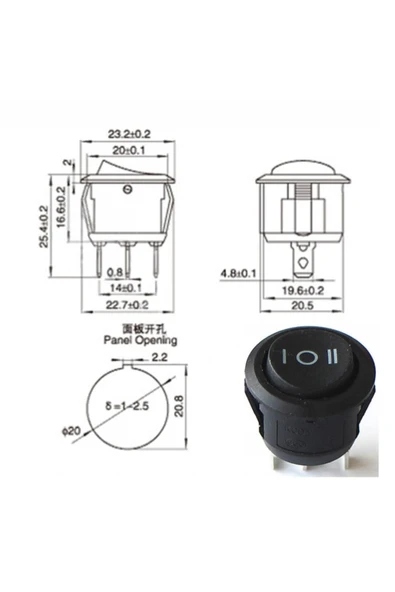 ROBİZ 23mm Yuvarlak 3 Pin Anahtar Mini Buton Siyah Mini Plastik - 8