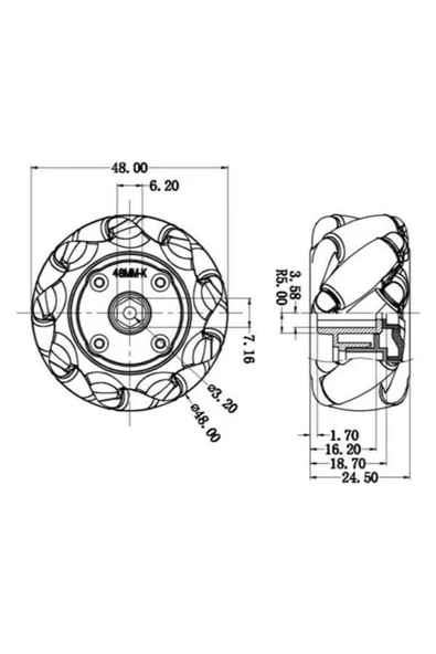 ROBİZ 48mm Omni Mecanum Tekerlek Çifti 45 Derece Açılı 9 Roller 1:48 - Resim 8