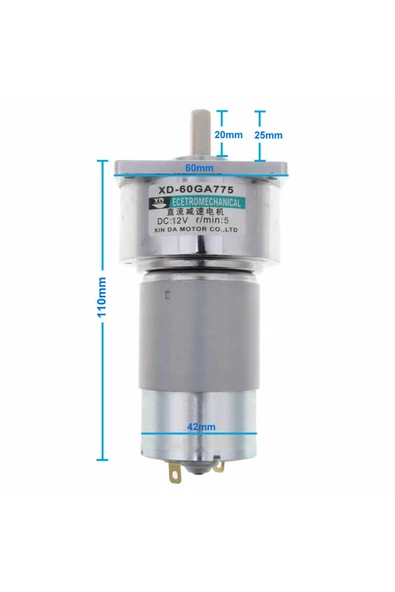 ROBİZ Xd-60ga775 Dc Motor 12v 5rpm 35w 87kg.cm Yüksek Tork Kuvvet Metal Dişli Redüktörlü Robot Cnc Makine