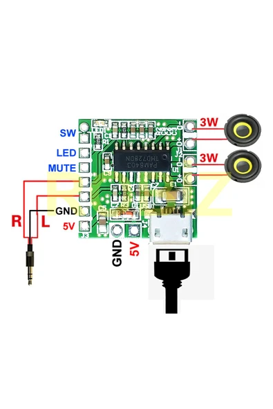 ROBİZ Pam8403 Mini Ses Yükseltici Class D 2x3w Amfi Kartı Micro Usb Beslemeli Stereo