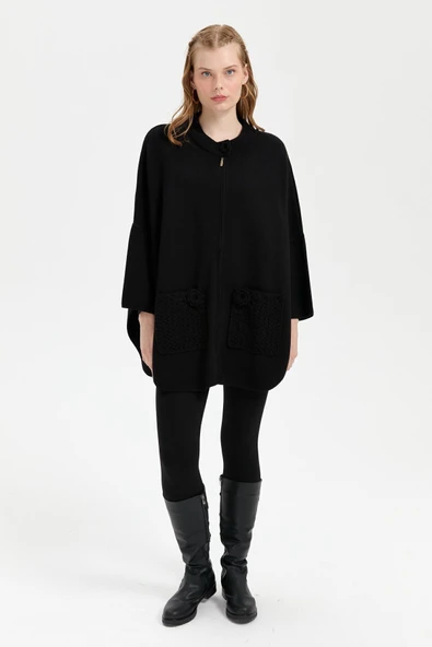 Desen Kadın Oversize Midi Panço - Fermuarlı, Örgü Detaylı - 3