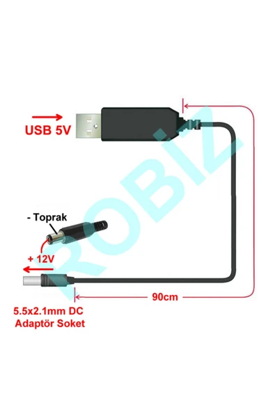 ROBİZ 5v To 12v Kablolu Voltaj Yükseltici Usb 700ma Adaptör Soket Modem