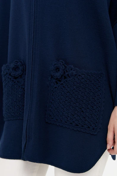 Desen Kadın Oversize Midi Panço - Fermuarlı, Örgü Detaylı - 2