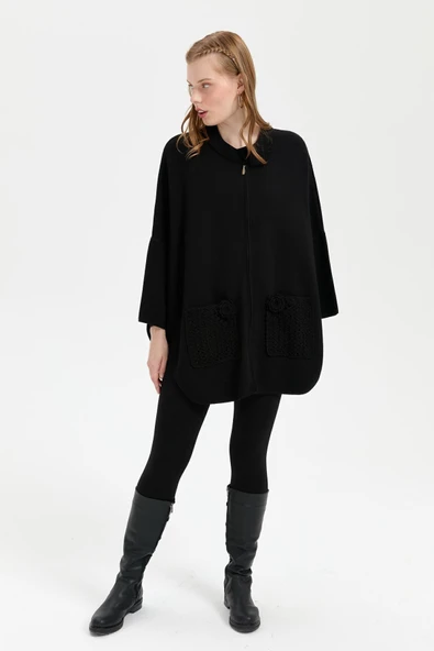 Desen Kadın Oversize Midi Panço - Fermuarlı, Örgü Detaylı - 4
