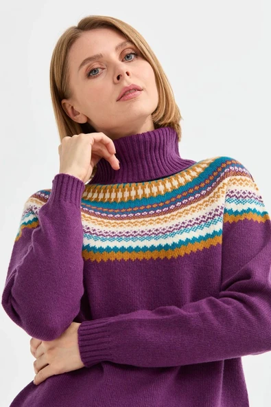 Desen Oversize Boğazlı Desenli Kadın Kazak - Kışlık - 6