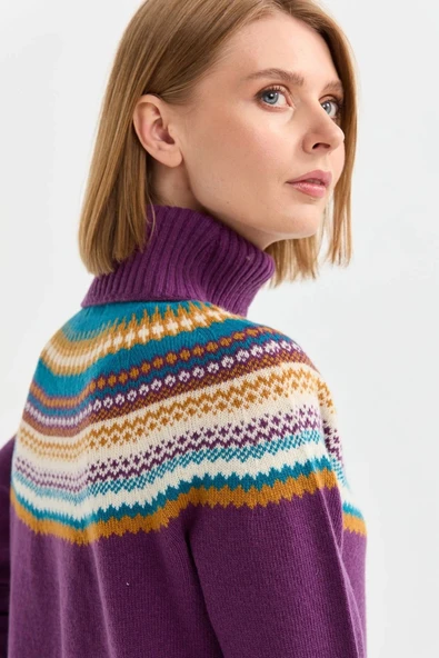 Desen Oversize Boğazlı Desenli Kadın Kazak - Kışlık - 8