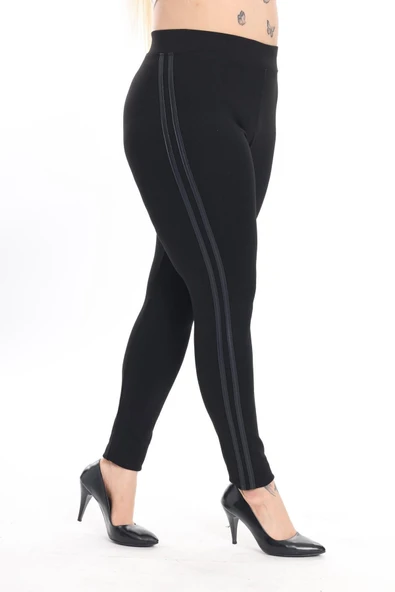Love Fuchsia Underwear  Kadın Siyah Yanı Çift Deri Şeritli Büyük Beden Tayt Çelik Örme Kumaş Battal Tayt
