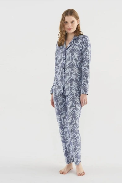 çamaşırsepeti  3803 Kadın Mavi Gömlek Yaka Düğmeli Pijama Takımı